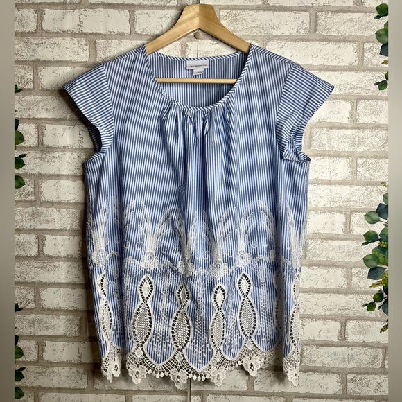 Liz Claiborne Embroidered Cap Sleeve Cotton Blouse SzL - Picture 1 of 7